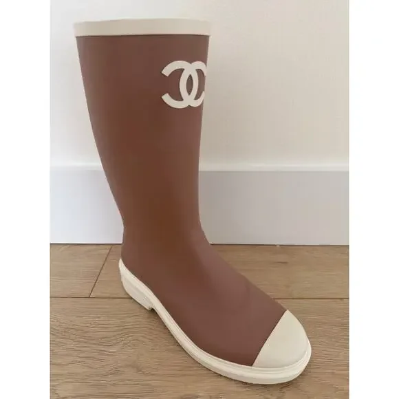 Chanel 26C Beige White Caoutchouc CC Logo High Pull On Rubber Rain Boots 36 - Picture 11 of 16